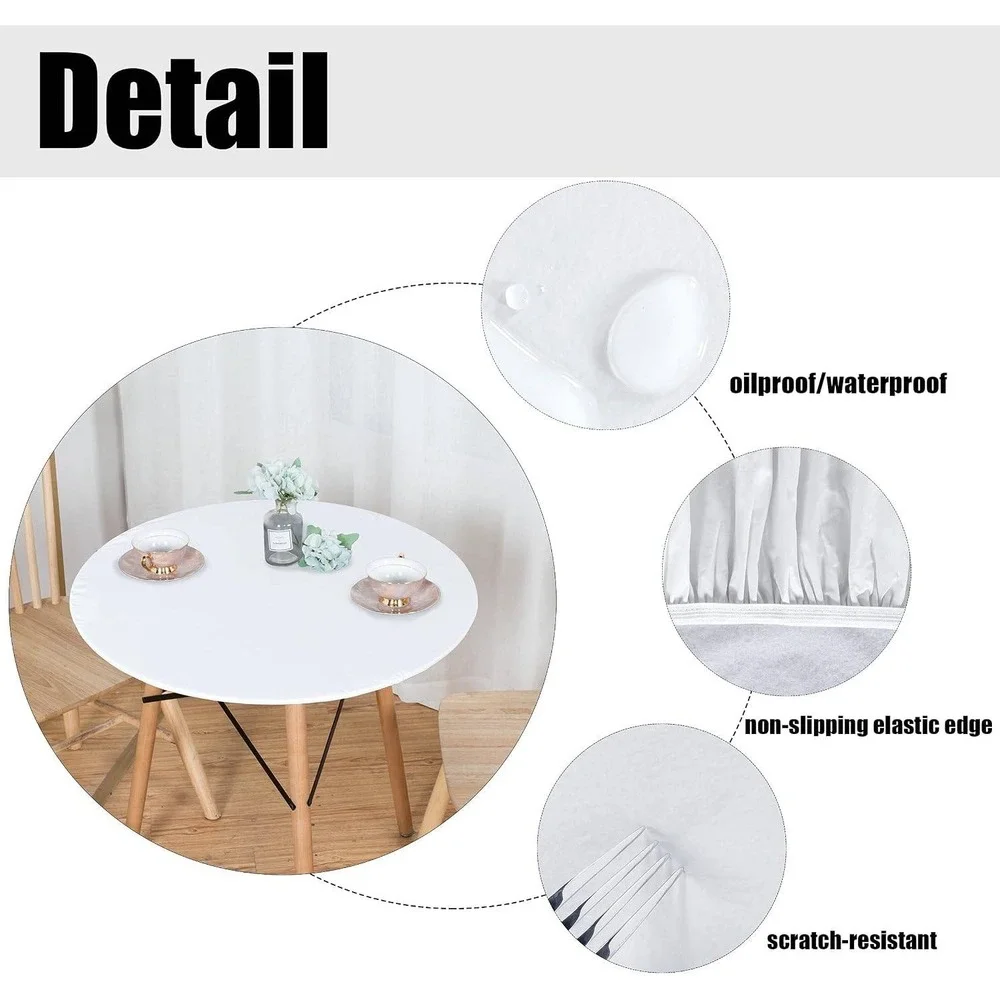 White Round Fitted Tablecloth Elastic Edge Waterproof Oilproof 